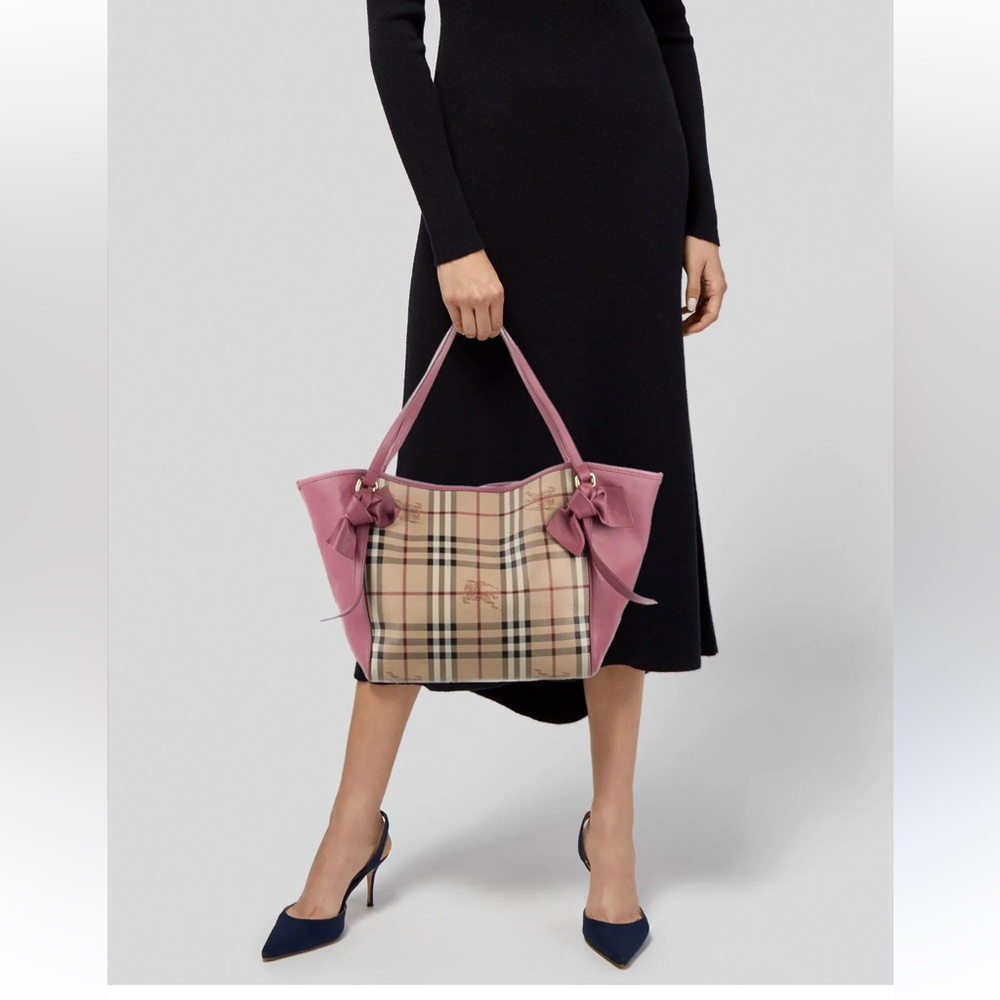 RARE Authentic Burberry Canterbury Bow Tote Haymarket Check Canvas Pink Leather